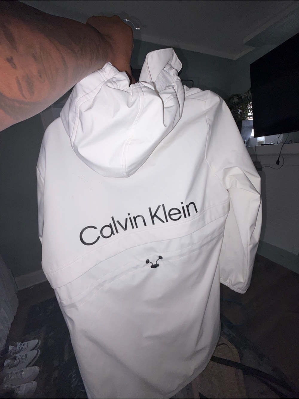 Calvin Klein White Hooded Raincoat with Logo Back Print